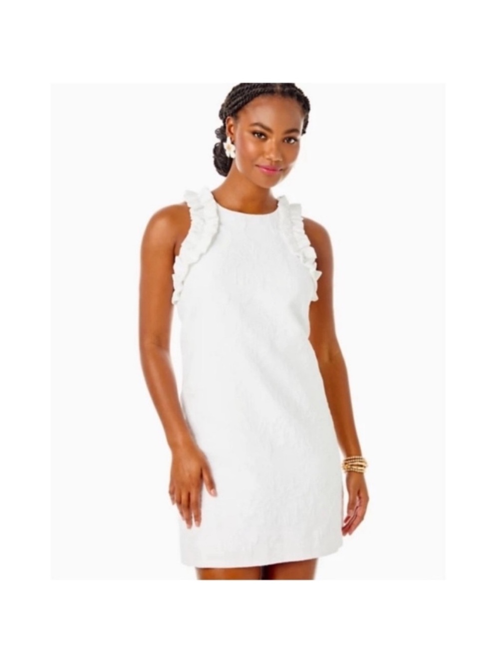 Lilly Pulitzer White Kailee Stretch Ruffle Sleeveless Shift Mini Dress Large EUC